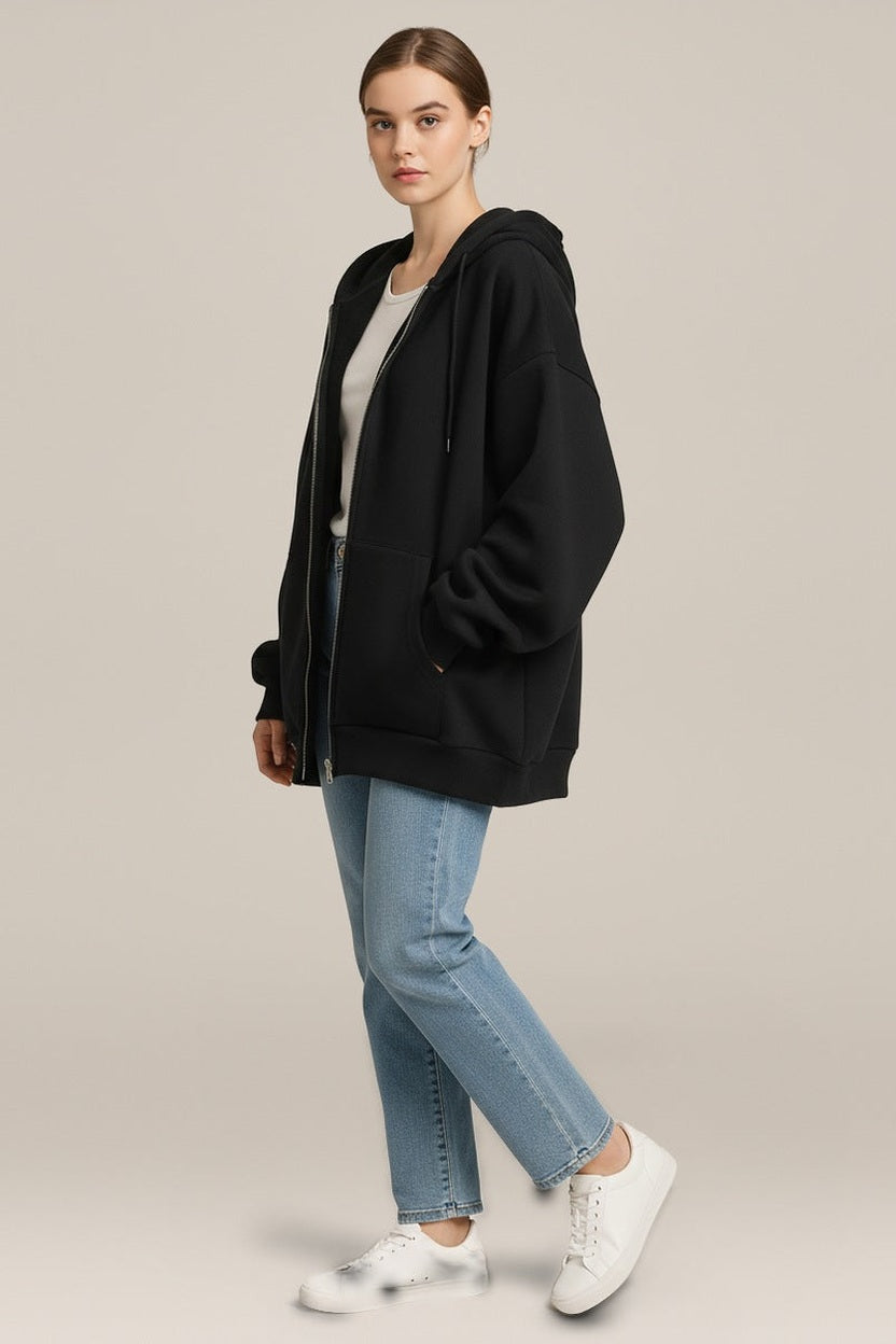 Hoodie Vest Dames met Rits – Oversized Sweatvest met Capuchon in zwart – zijaanzicht