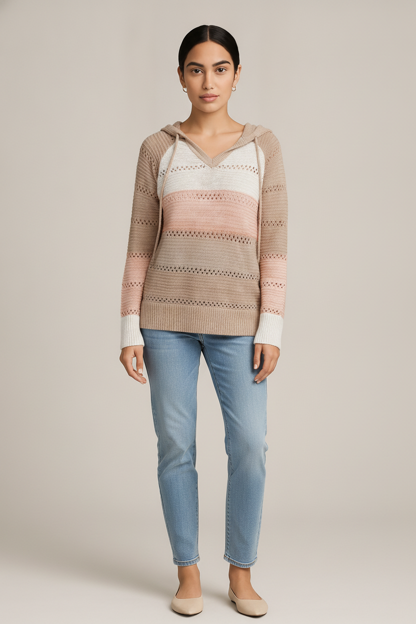 Gebreide Hoodie Dames met Strepen – Ajour Trui met Capuchon — Melina – Roze – vooraanzicht
