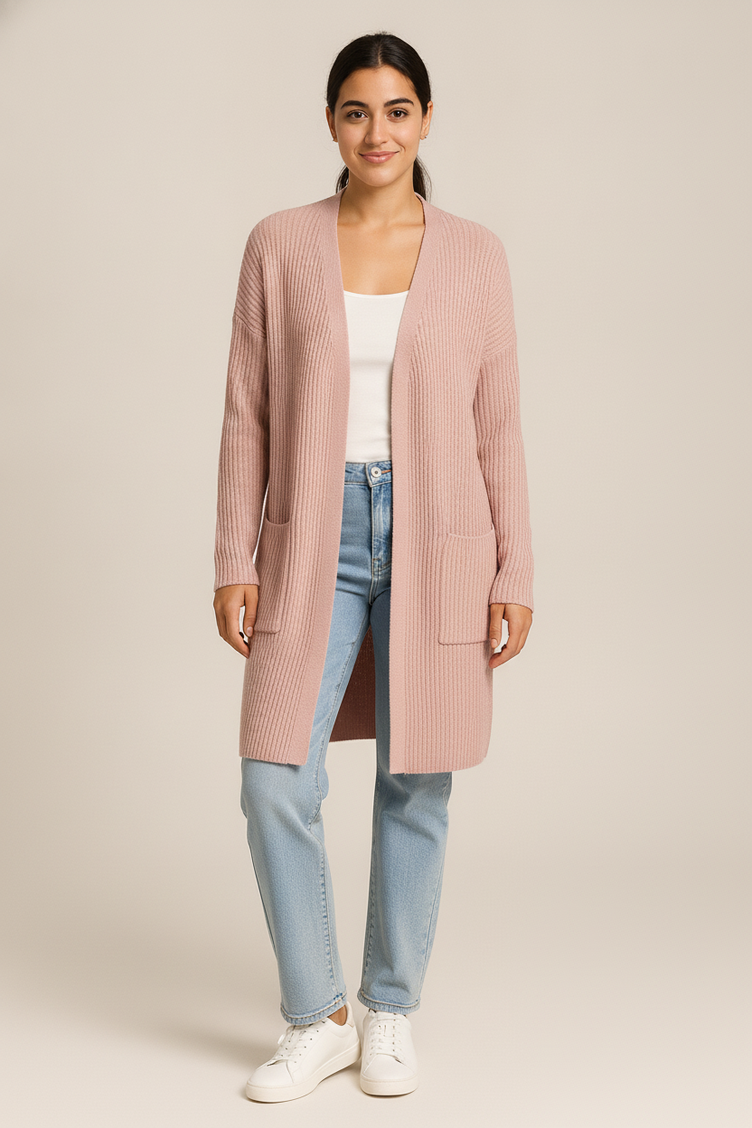 Lang Vest Dames met Zakken – Open Ribgebreide Cardigan — Catalina – Roze – vooraanzicht