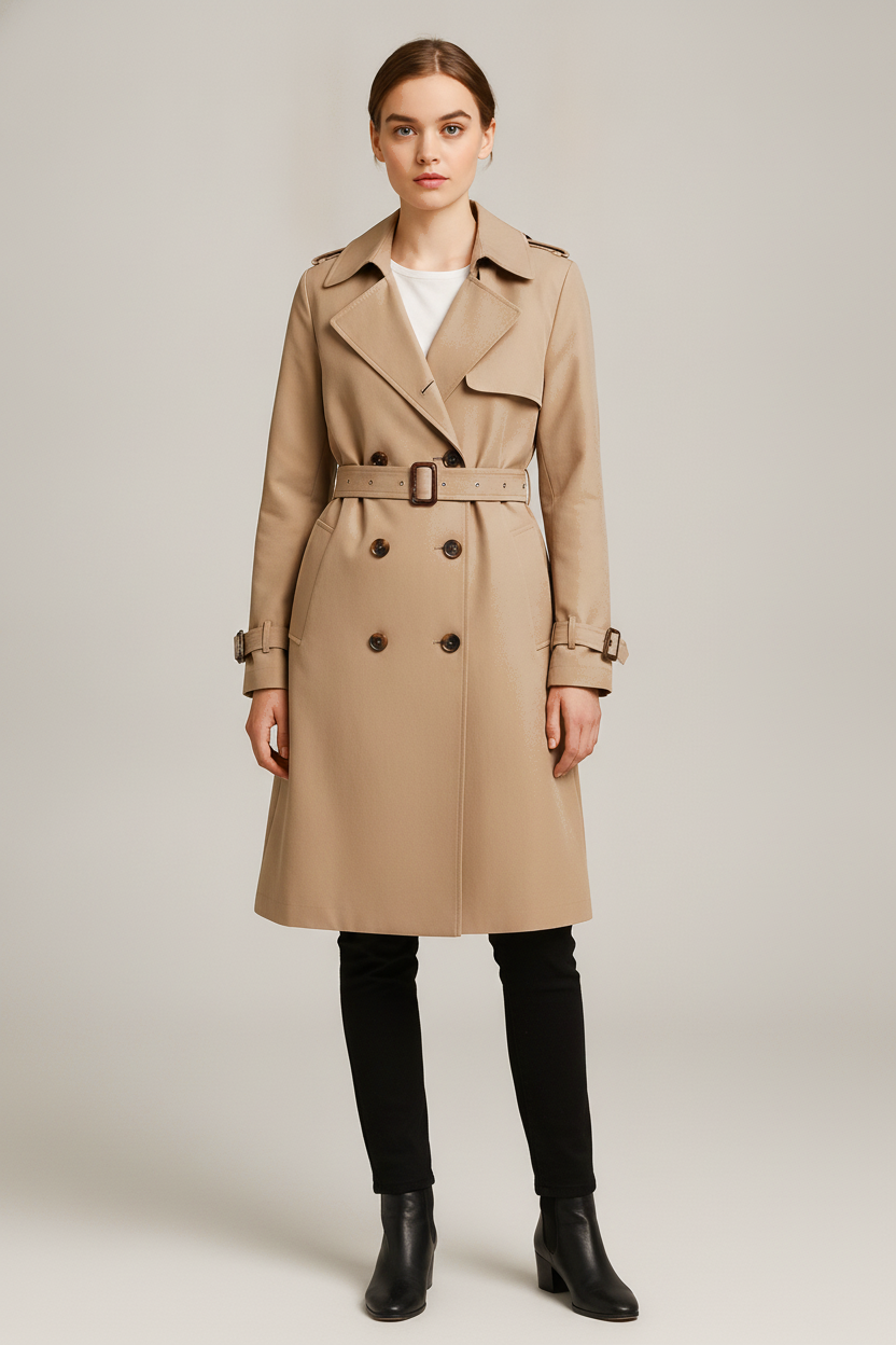Trenchcoat Dames Halflang – Double Breasted Jas met Ceintuur — Elize – Beige – vooraanzicht