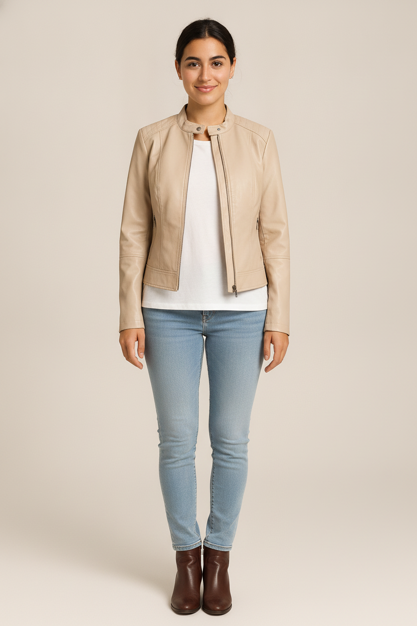 Leerlook Jas Dames met Opstaande Kraag – Kort Jasje — Sahira – Beige – vooraanzicht