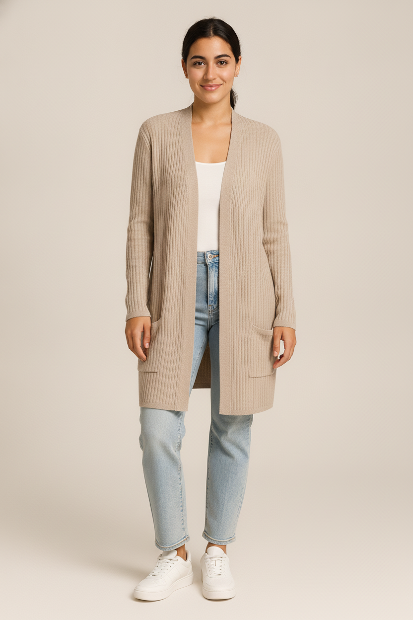 Lang Vest Dames met Zakken – Open Ribgebreide Cardigan — Catalina – Beige – vooraanzicht