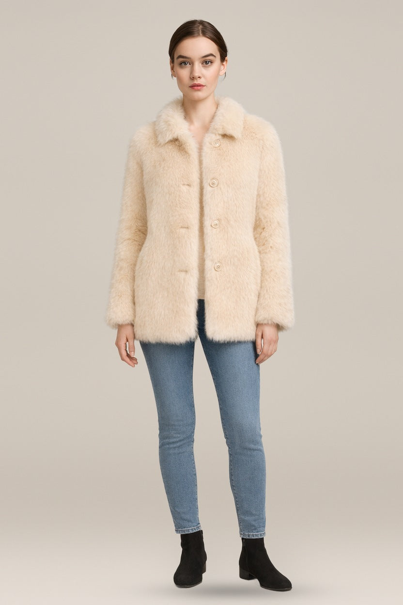 Imitatiebont Jas Dames met Opstaande Kraag – Korte Winterjas — Zenaida in Crème – vooraanzicht