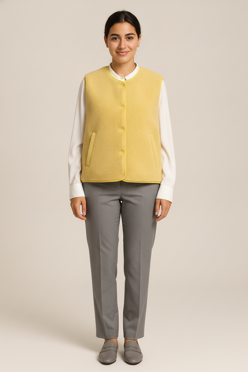 Teddy Gilet Dames zonder Kraag – Mouwloze Bodywarmer — Malia – Geel – vooraanzicht