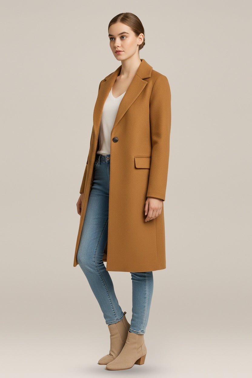 Halflange Mantel Dames in Wollook – Jas met Revers en Knopen — Zuzanna in Camel – vooraanzicht