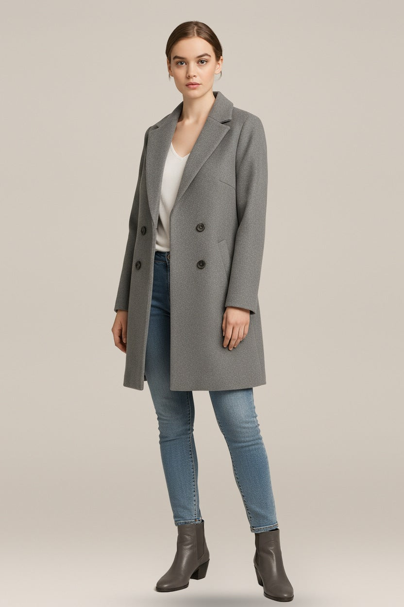 Halflange Mantel Dames in Wollook – Jas met Revers en Knopen — Zuzanna in Grijs – vooraanzicht