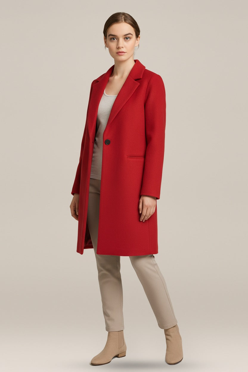 Halflange Mantel Dames in Wollook – Jas met Revers en Knopen — Zuzanna in Rood – vooraanzicht