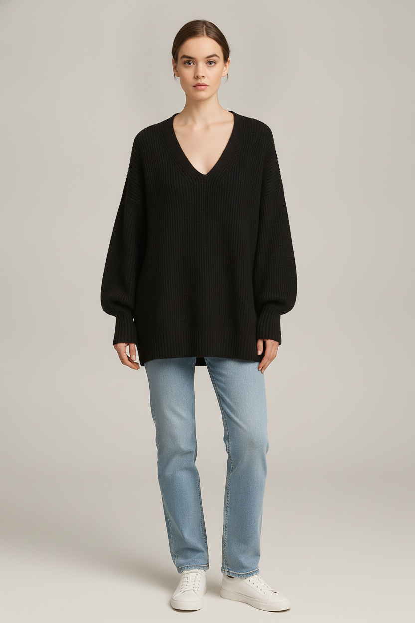 Trui Dames met Diepe V-hals – Oversized Gebreide Pullover — Zaida – Zwart – vooraanzicht