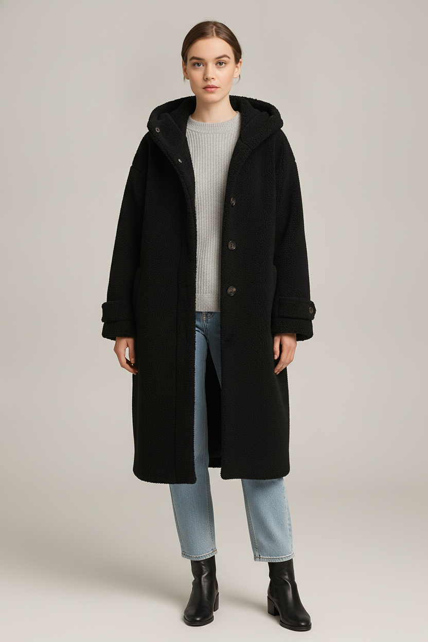Lange Jas Dames met Capuchon – Bouclé Winterjas met Knopen — Julieta – Zwart – vooraanzicht