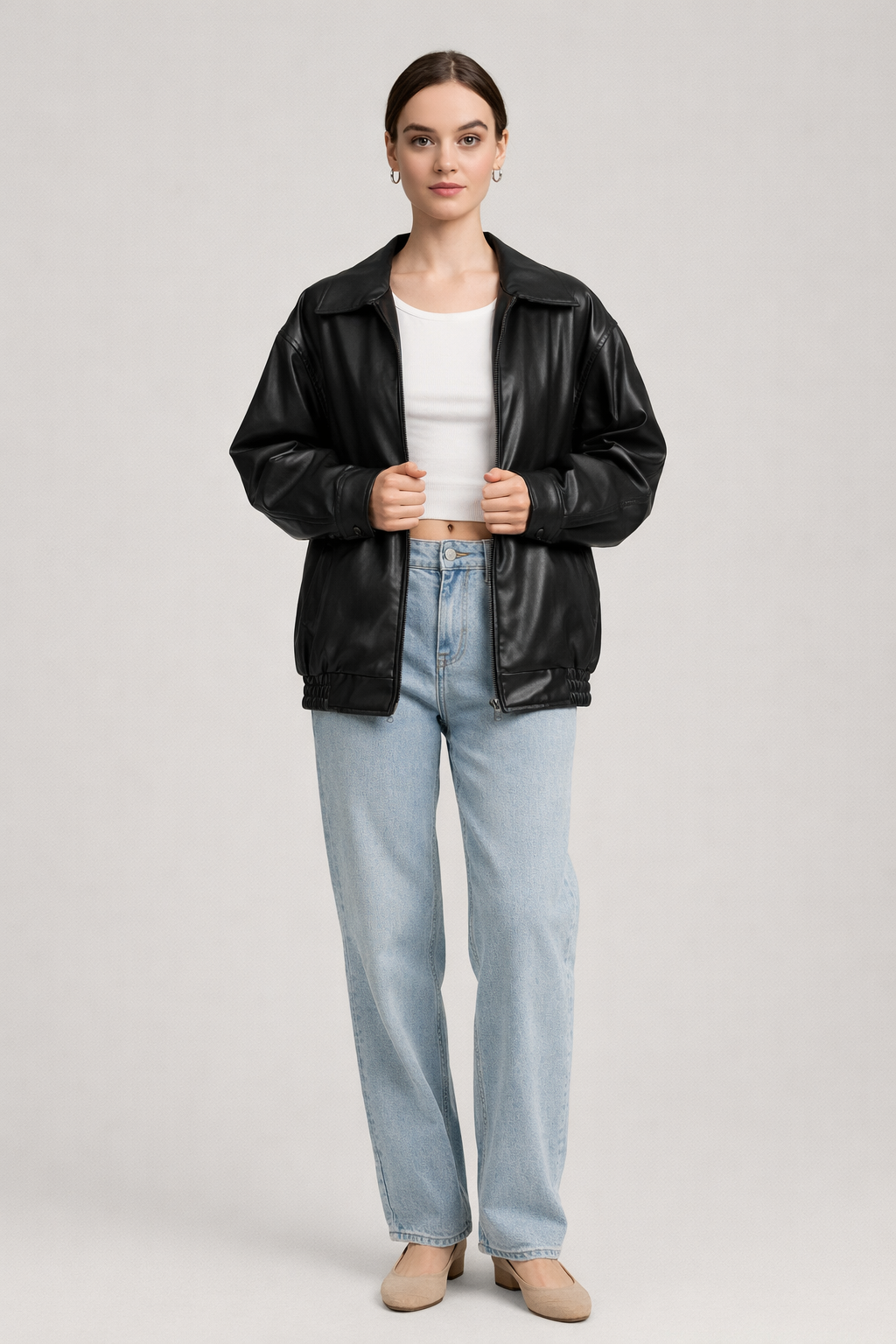 Oversized Bomber met Leerlook en Rits — Marisol – Zwart – vooraanzicht