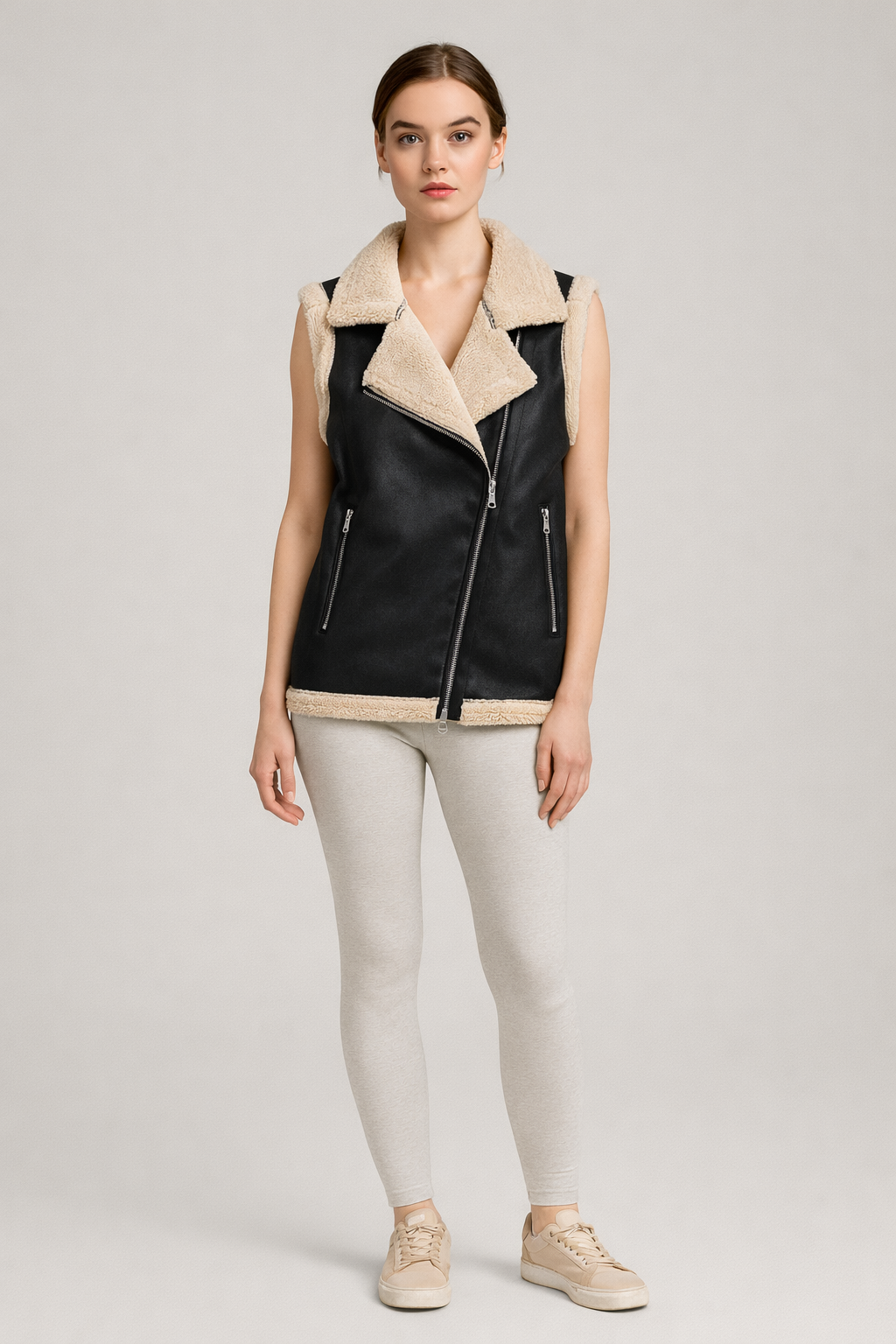 Mouwloos Biker Gilet met Teddyvoering — Isa – Zwart – vooraanzicht