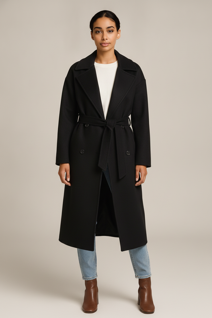 Lange Wollook Mantel met Ceintuur — Sterre – Zwart – vooraanzicht