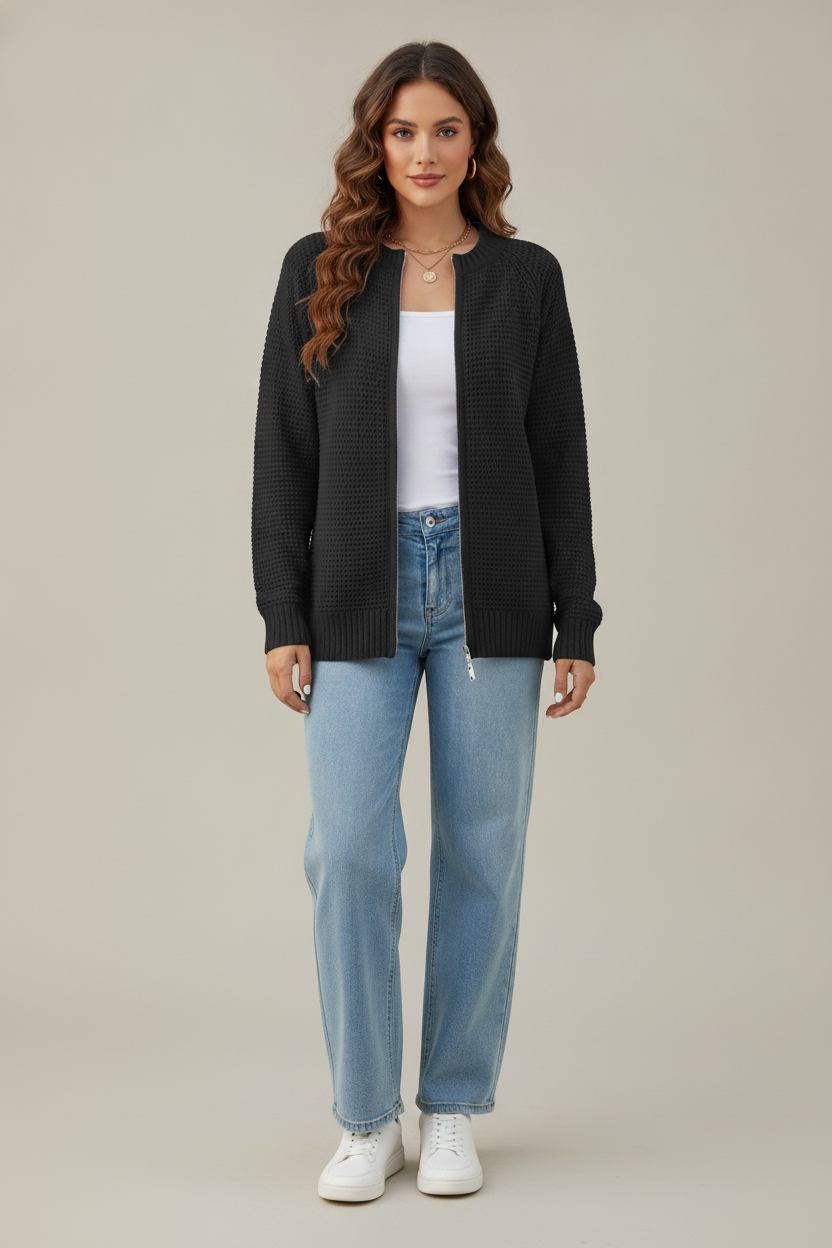 Gebreid Vest Dames met Rits – Cardigan met Ronde Hals — Solenne – Zwart – vooraanzicht