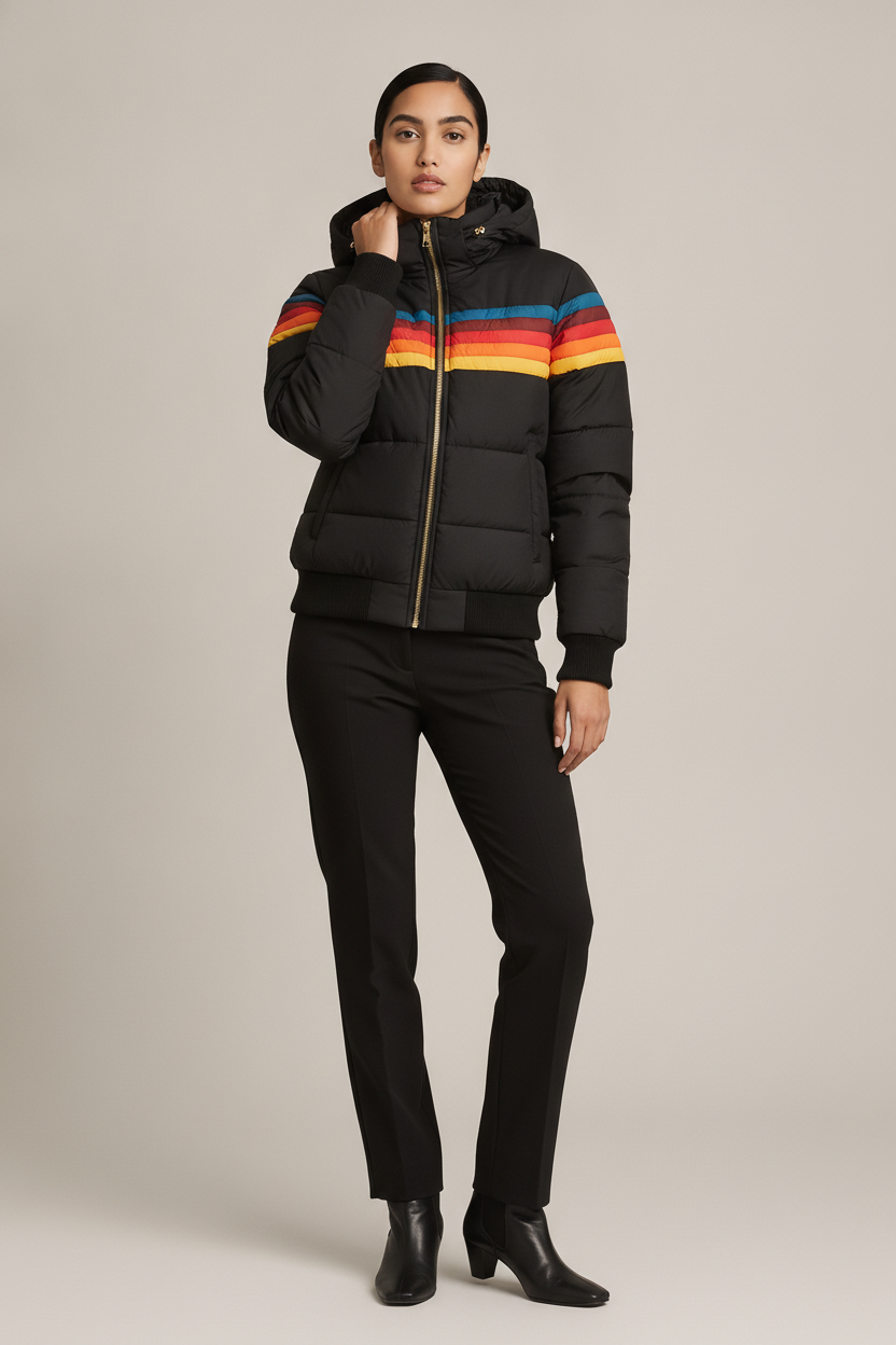 Gewatteerde Jas Dames met Capuchon – Retro Strepen Jack — Farah – Zwart – vooraanzicht