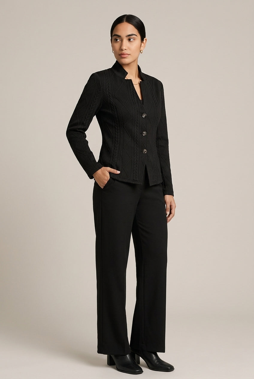 Blazer Dames met Opstaande Kraag – Getextureerd Jasje — Amirah – Zwart – vooraanzicht