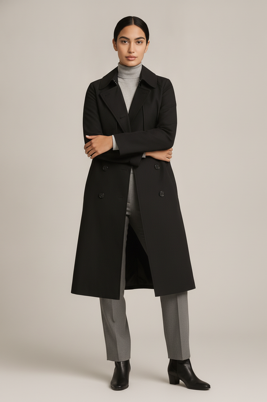 Halflange Trenchcoat — Dalia – Zwart – vooraanzicht