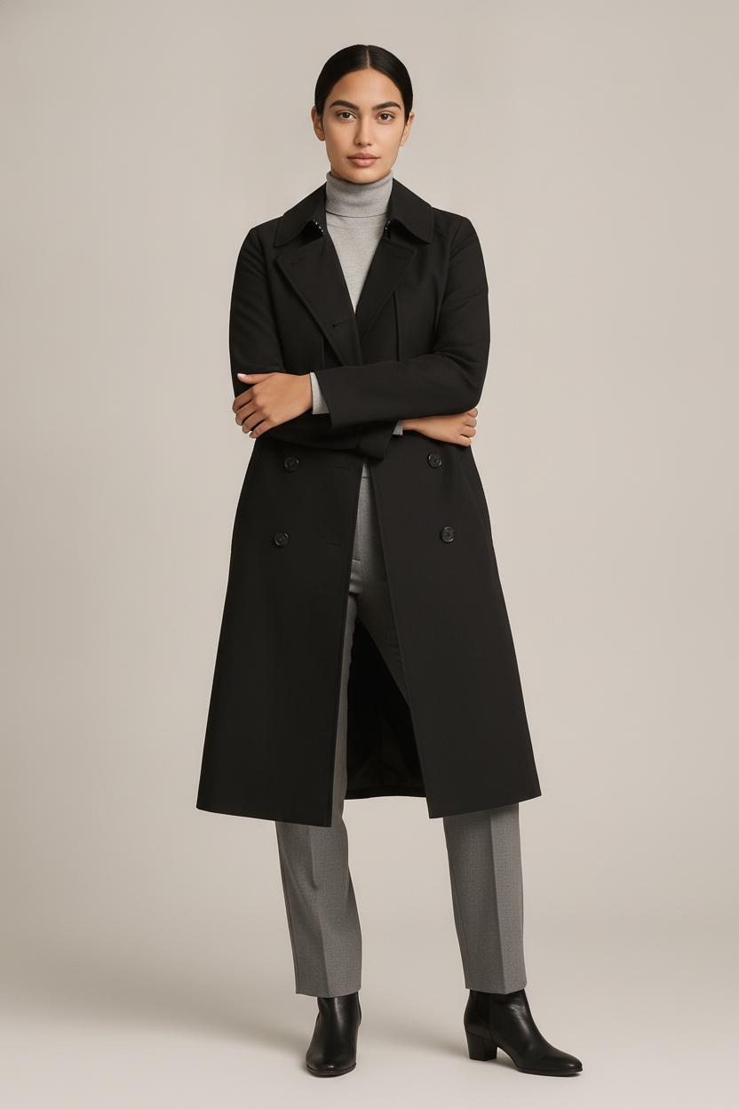 Halflange Trenchcoat — Dalia – Zwart – vooraanzicht
