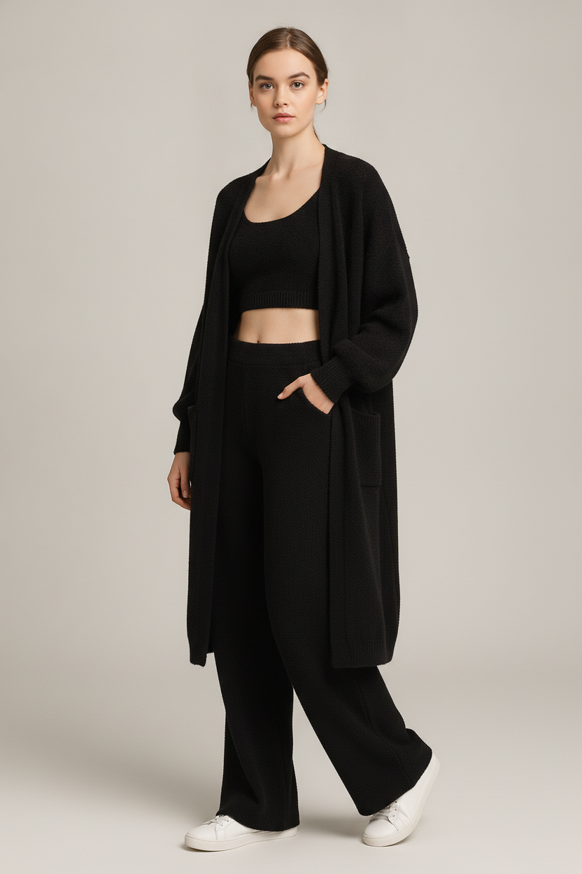 Loungeset Dames 4-Delig – Pluizig Vest, Top, Short en Broek — Tahira – Zwart – vooraanzicht