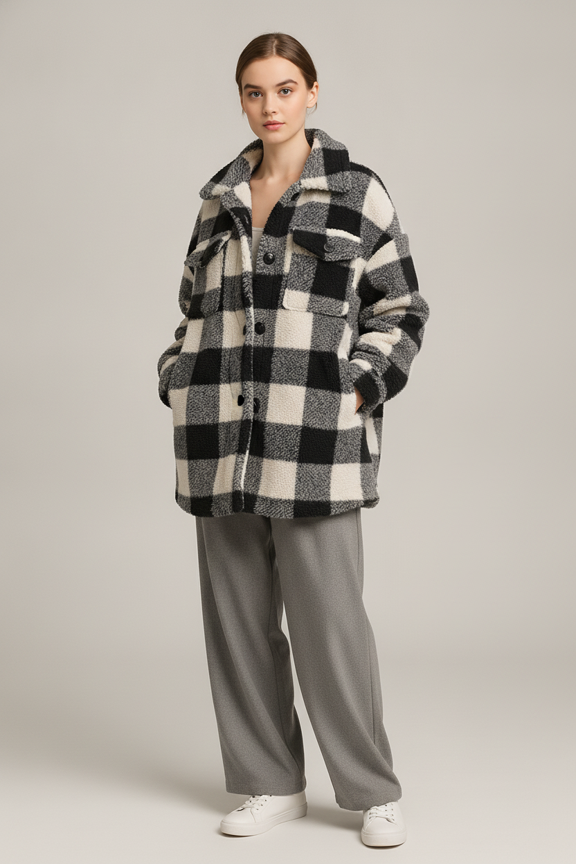 Geruite Dames Teddy Jas – Oversized Shacket met Knopen — Laila – Zwart – vooraanzicht