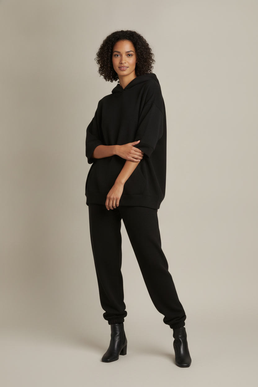 Joggingpak Dames Oversized met Hoodie – Tweedelig Huispak — Marcela – Zwart – vooraanzicht