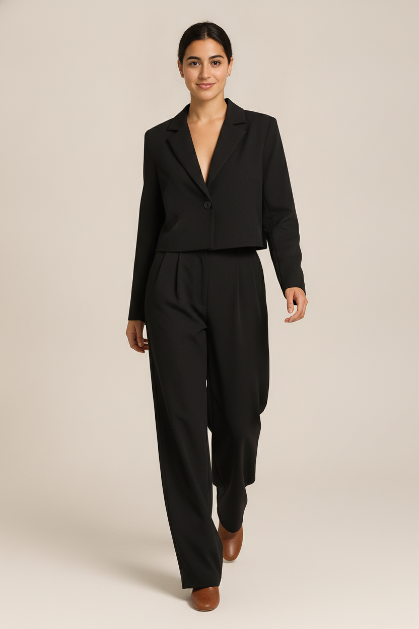 Soepel Pak met Blazer en Wijde Broek — Noelia – Zwart – vooraanzicht