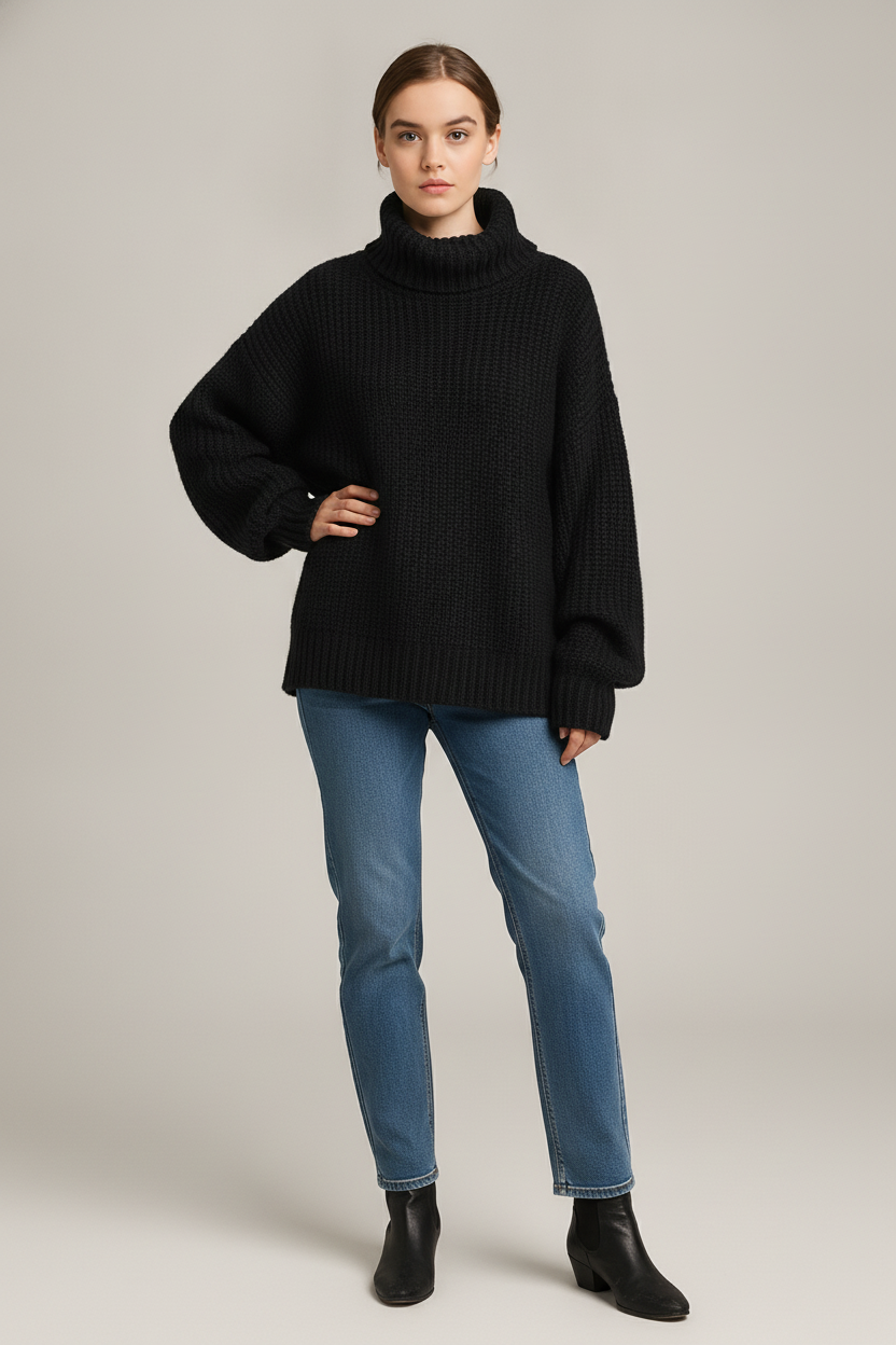 Grofgebreide Coltrui Dames – Oversized Wintertrui — Salome – Zwart – vooraanzicht