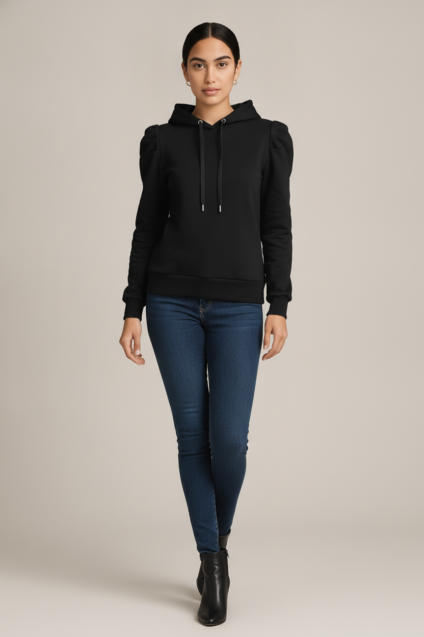 Hoodie Dames met Pofmouwen – Zachte Trui met Capuchon — Milena – Zwart – vooraanzicht