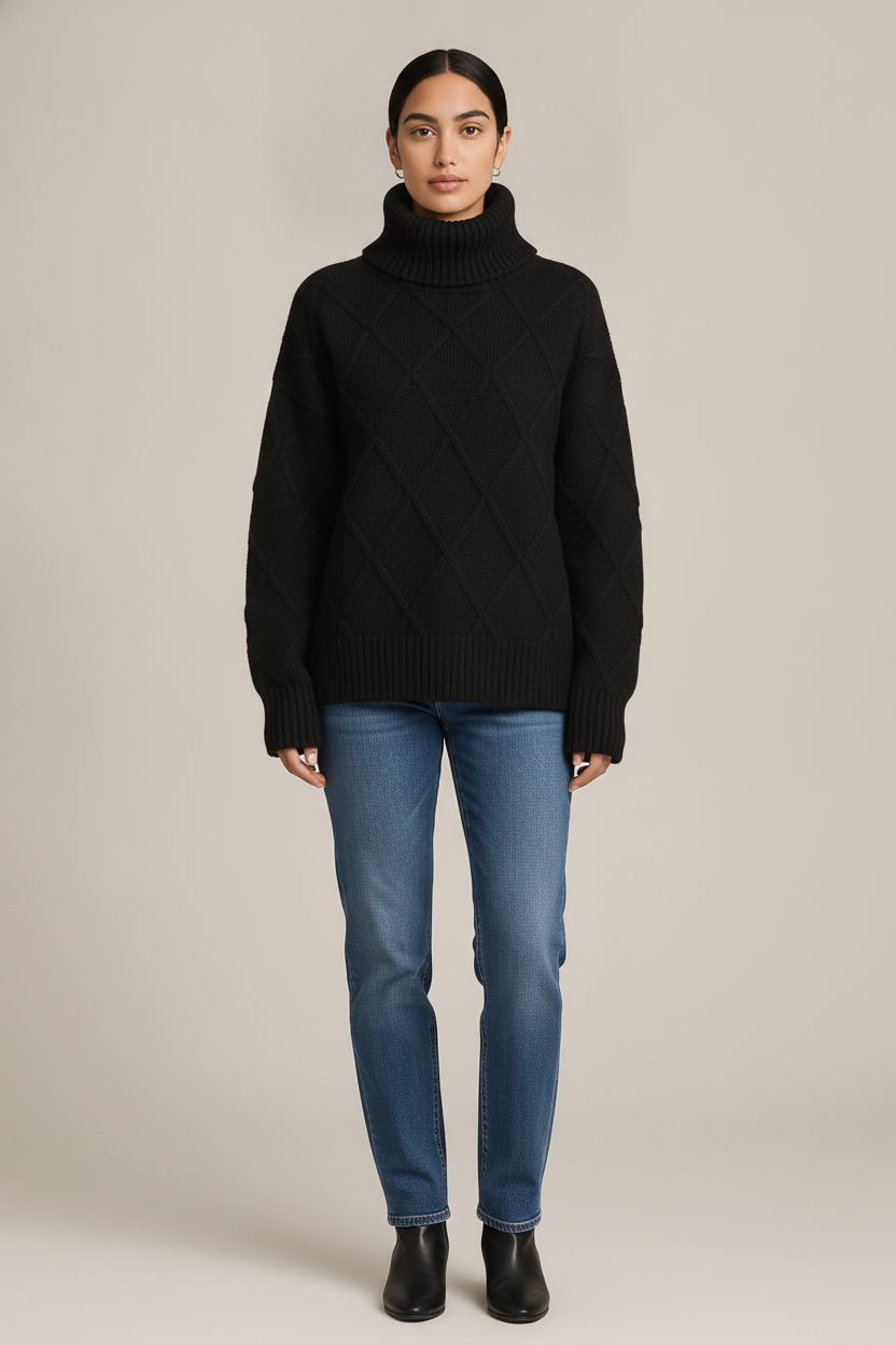 Coltrui Dames met Ruitpatroon – Oversized Gebreide Trui — Cassia – Zwart – vooraanzicht