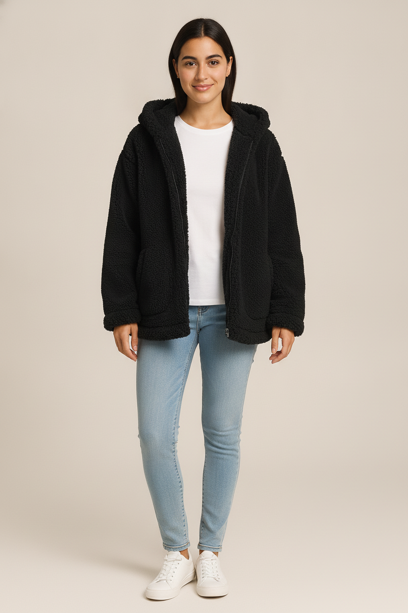 Teddy Jas Dames met Capuchon – Zacht Open Jack — Jara – Zwart – vooraanzicht