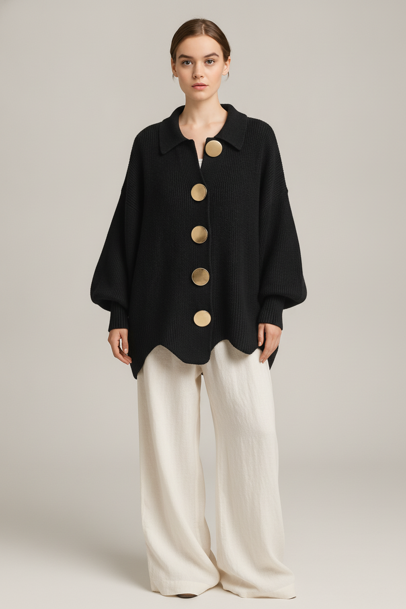 Oversized Gebreid Vest Dames – Cardigan met Grote Knopen — Norah – Zwart – vooraanzicht