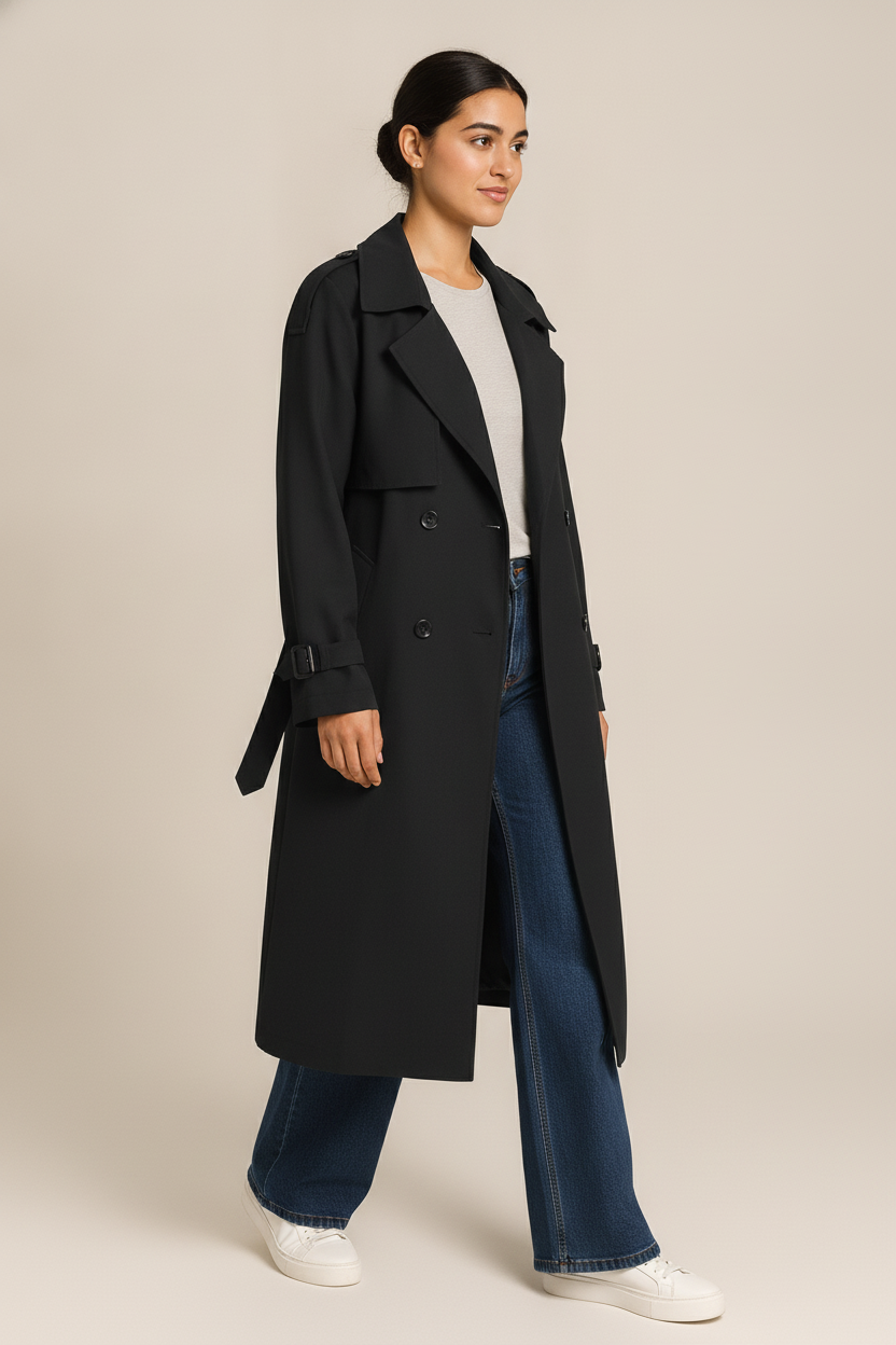 Lange Trenchcoat Dames Dubbelrijs – Oversized Tussenjas — Linnea – Zwart – vooraanzicht