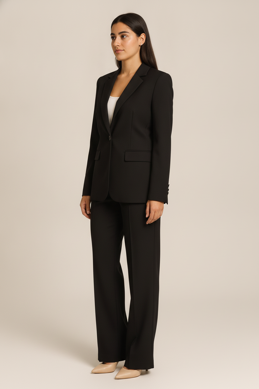 Tweedelig Pak met Getailleerde Blazer en Wijde Pantalon — Agathe – Zwart – vooraanzicht