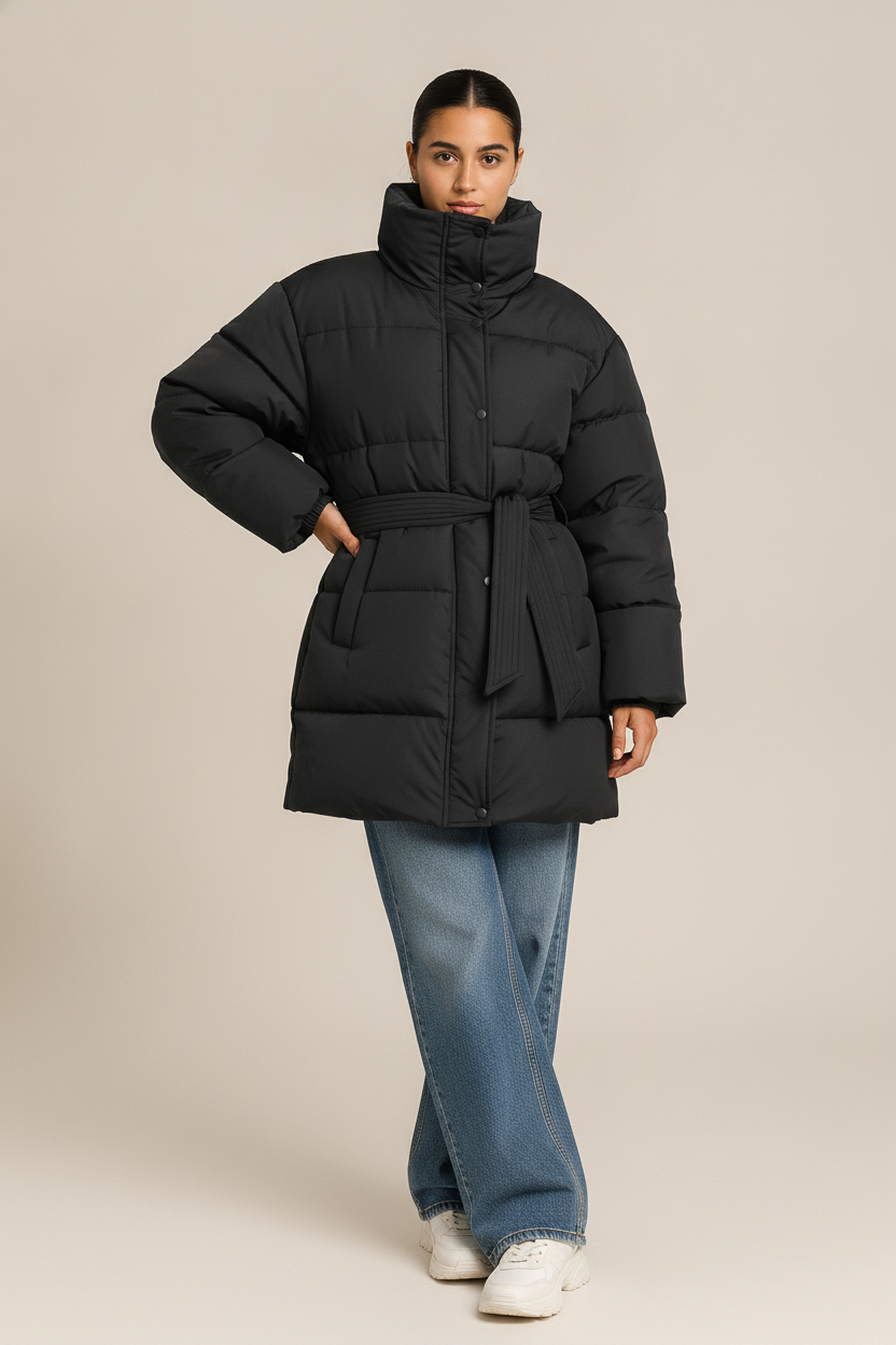 Gewatteerde Jas Dames met Ceintuur – Oversized Winterjas — Manon – Zwart – vooraanzicht