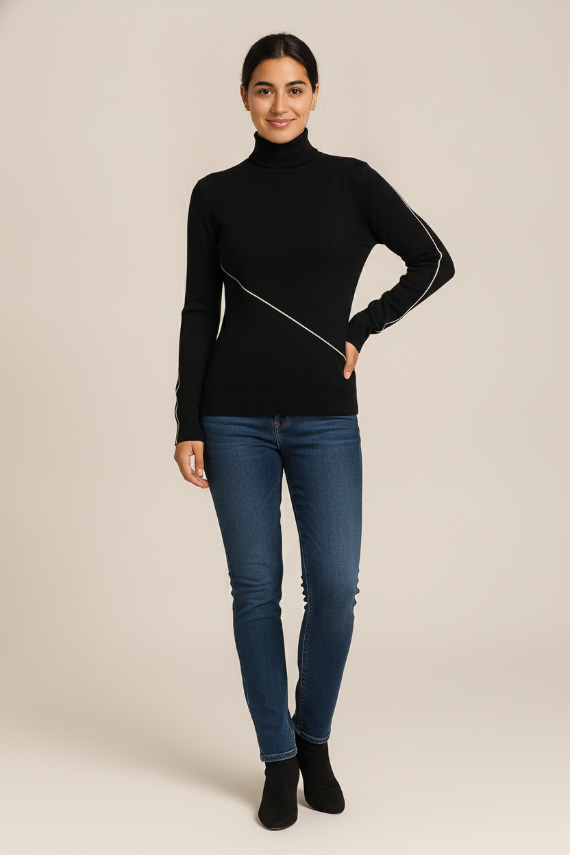 Fijngebreide Slim Fit Coltrui — Zola – Zwart – vooraanzicht