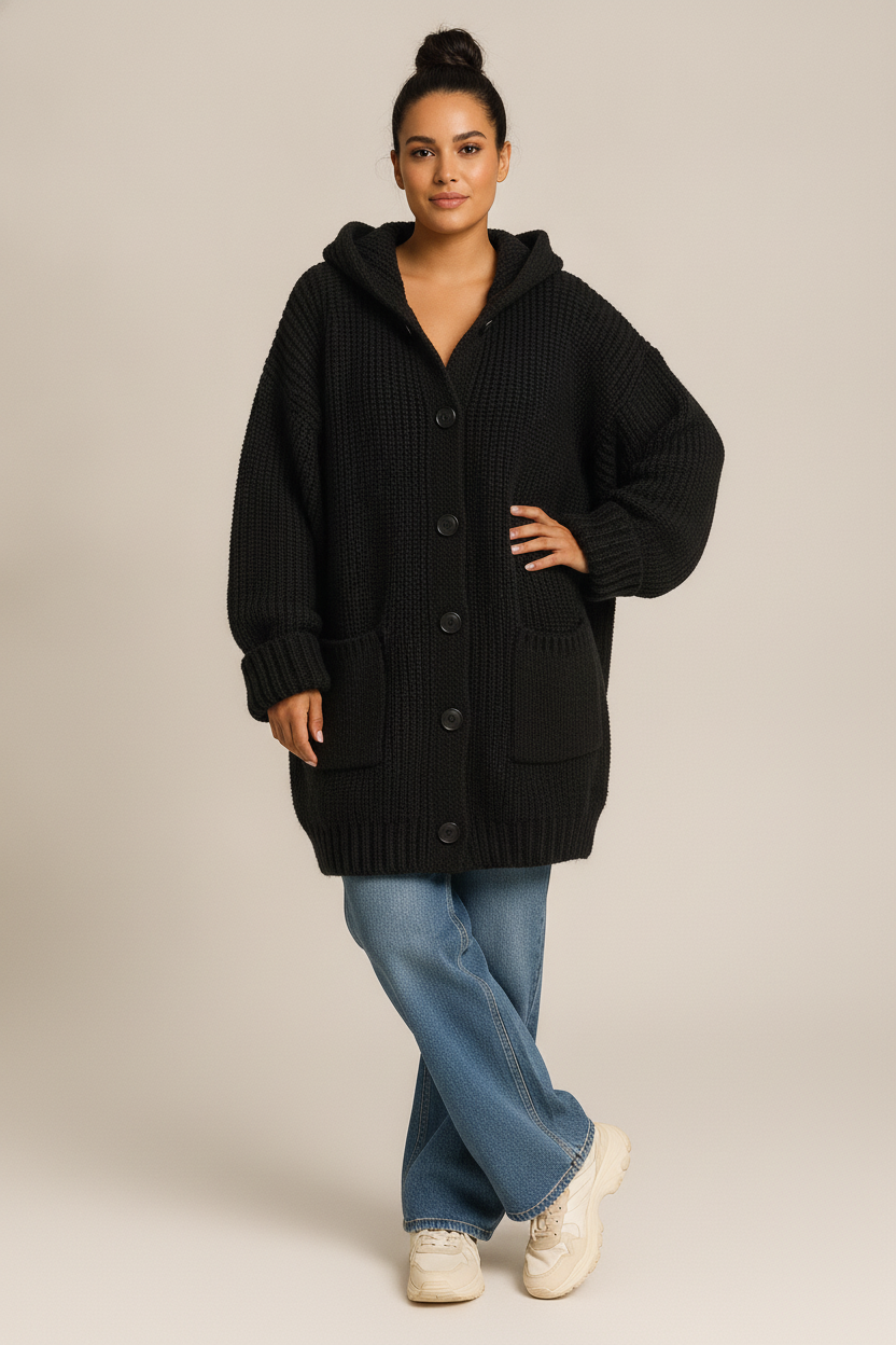 Gebreid Vest Dames met Capuchon – Oversized Cardigan — Isolde – Zwart – vooraanzicht