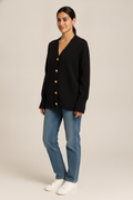 Gebreid Vest Dames met V-hals – Cardigan met Gouden Knopen — Zahra – Zwart – vooraanzicht