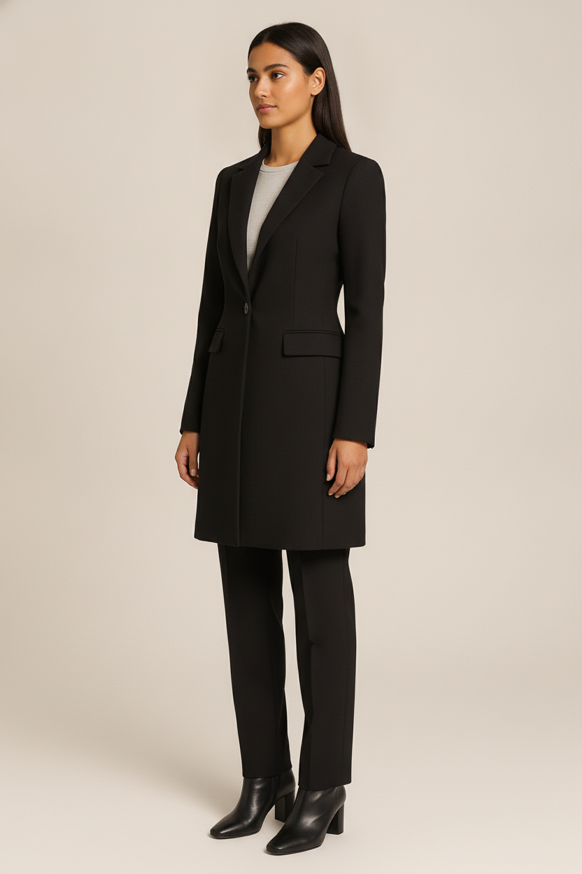 Lange Blazer Mantel Dames – Getailleerde Jas met Revers — Nour – Zwart – vooraanzicht