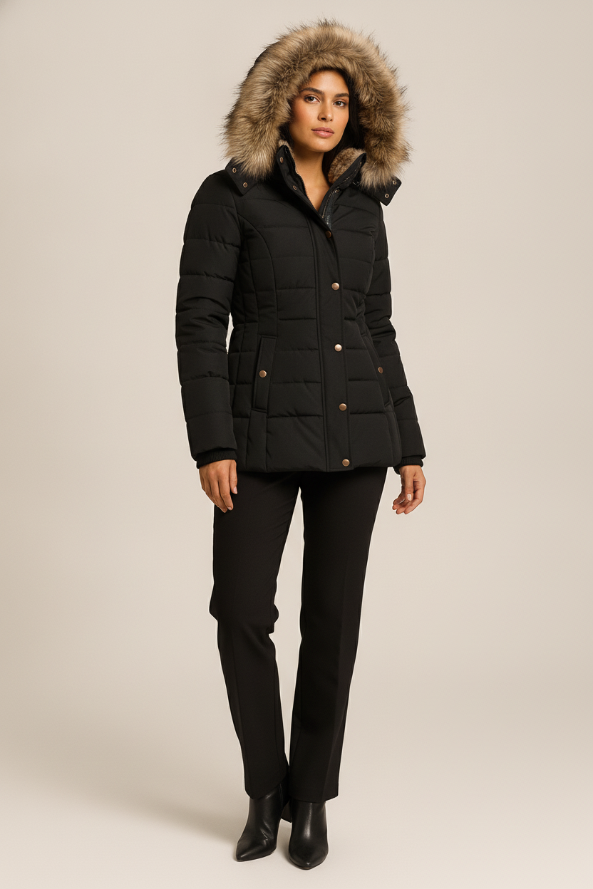 Winterjas Dames met Bontkraag – Warme Parka met Capuchon — Seraphina – Zwart – vooraanzicht