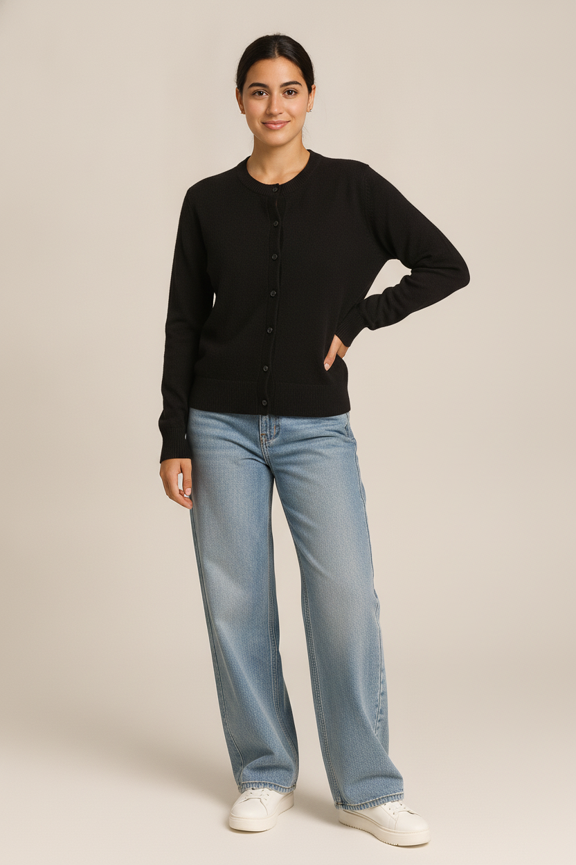 Gebreid Vest Dames met Ronde Hals – Zachte Cardigan met Knopen — Belen – Zwart – vooraanzicht