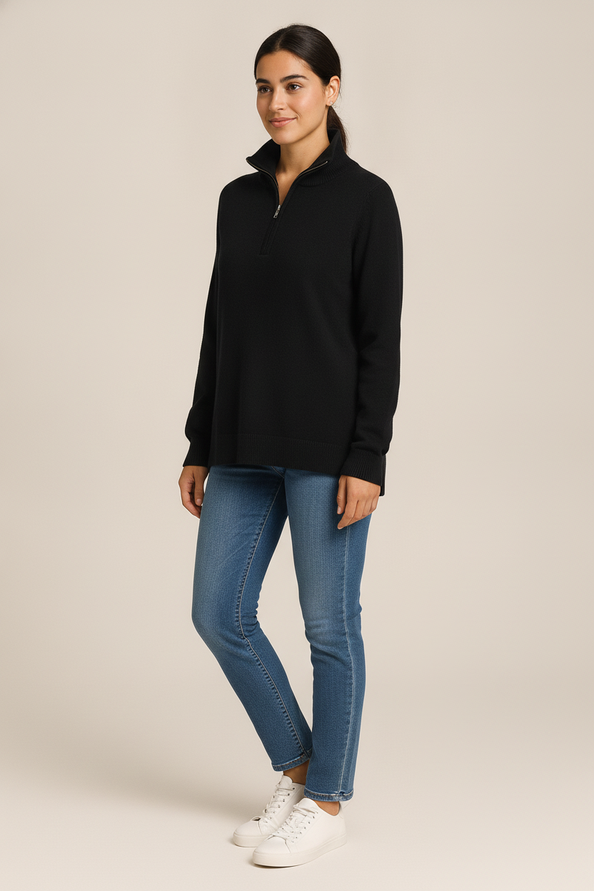 Trui Dames met Halve Rits – Pullover met Kraag — Talara – Zwart – vooraanzicht