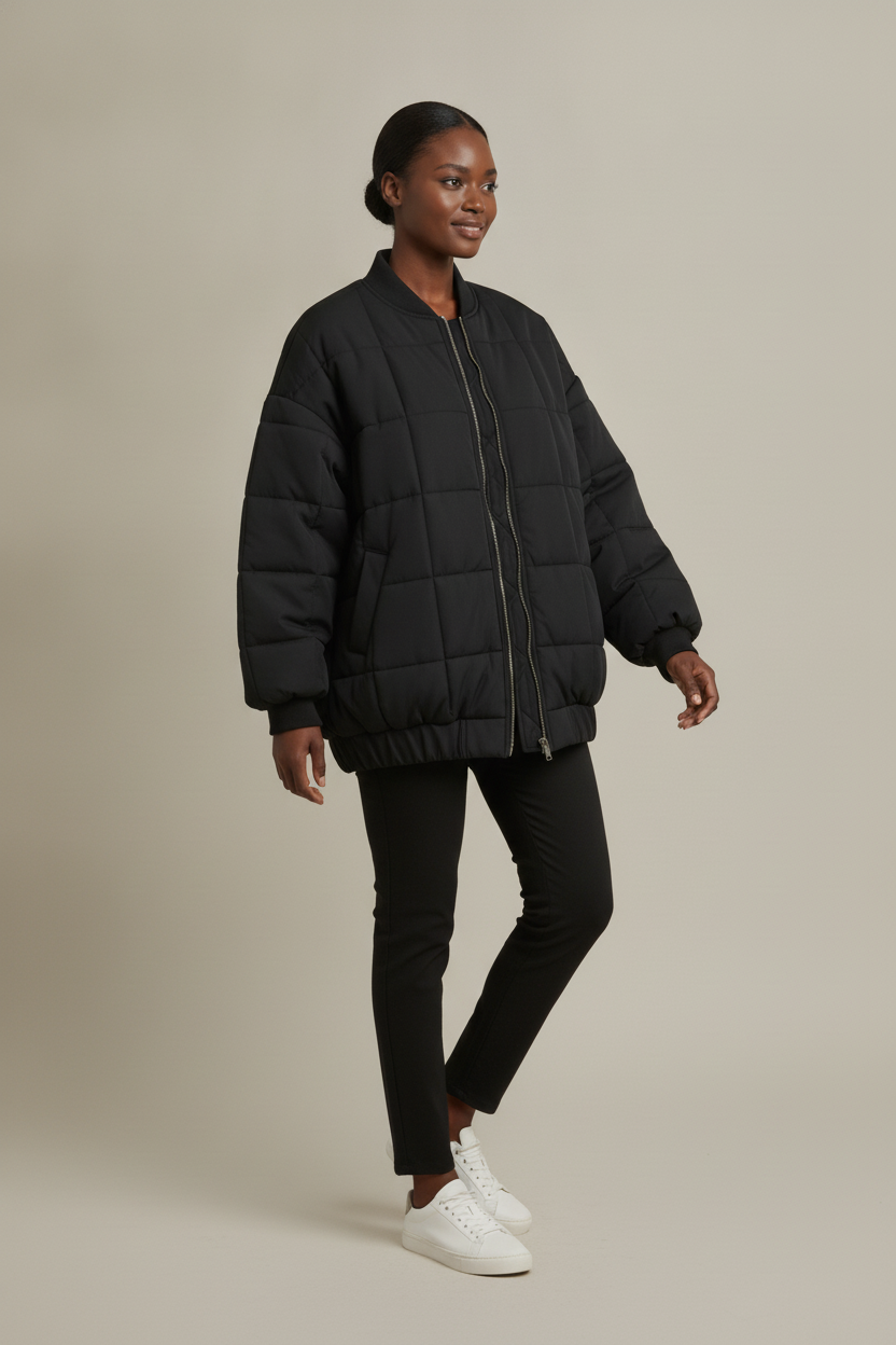 Oversized Gewatteerd Bomberjack — Amara – Zwart – vooraanzicht