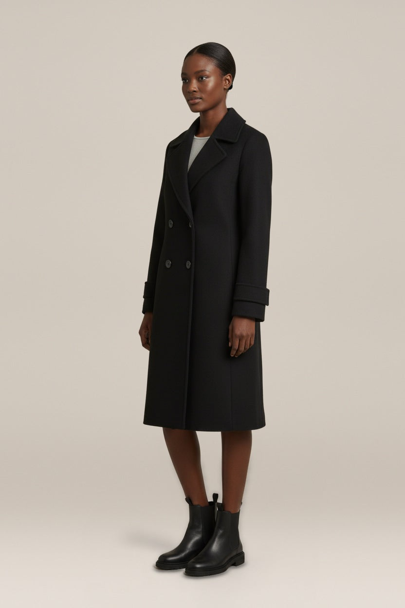 Dubbelrijige Slim Fit Mantel in Wollook — Leandra – Zwart – vooraanzicht