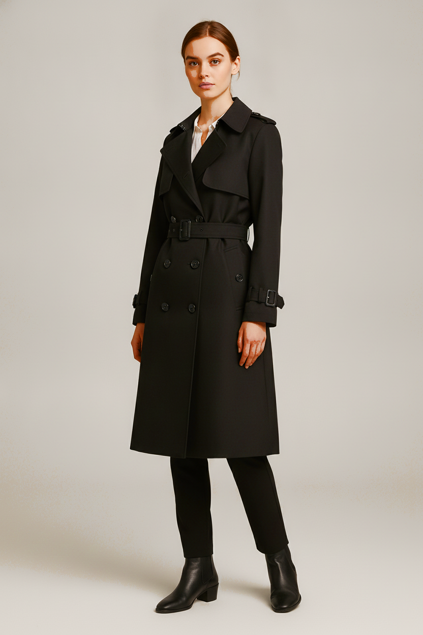 Trenchcoat Dames Halflang – Double Breasted Jas met Ceintuur — Elize – Zwart – vooraanzicht
