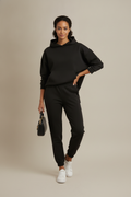 Trainingspak Dames met Hoodie – Joggingset met Hoge Taille — Saskia – Zwart – vooraanzicht