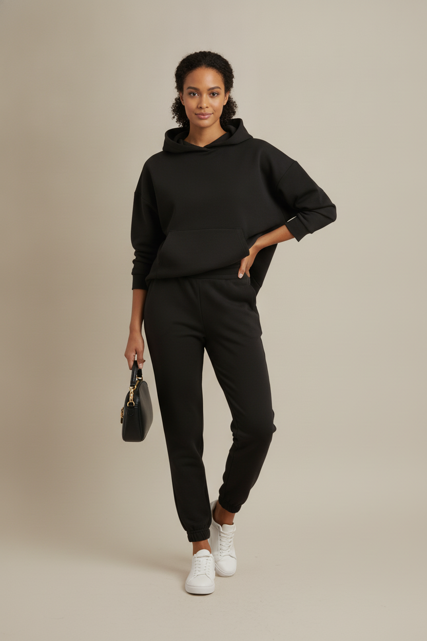 Trainingspak Dames met Hoodie – Joggingset met Hoge Taille — Saskia – Zwart – vooraanzicht
