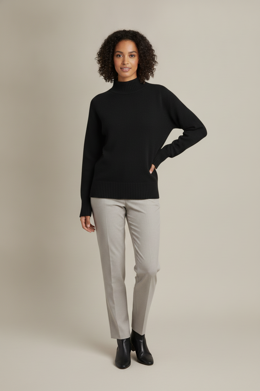Trui Dames met Halfhoge Col – Zachte Gebreide Pullover — Selvana – Zwart – vooraanzicht
