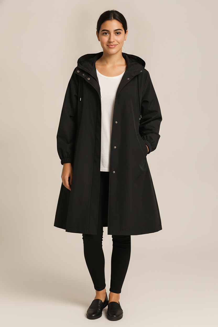Regenjas Dames met Capuchon – Lange Oversized Parka — Lucienne – Zwart – vooraanzicht