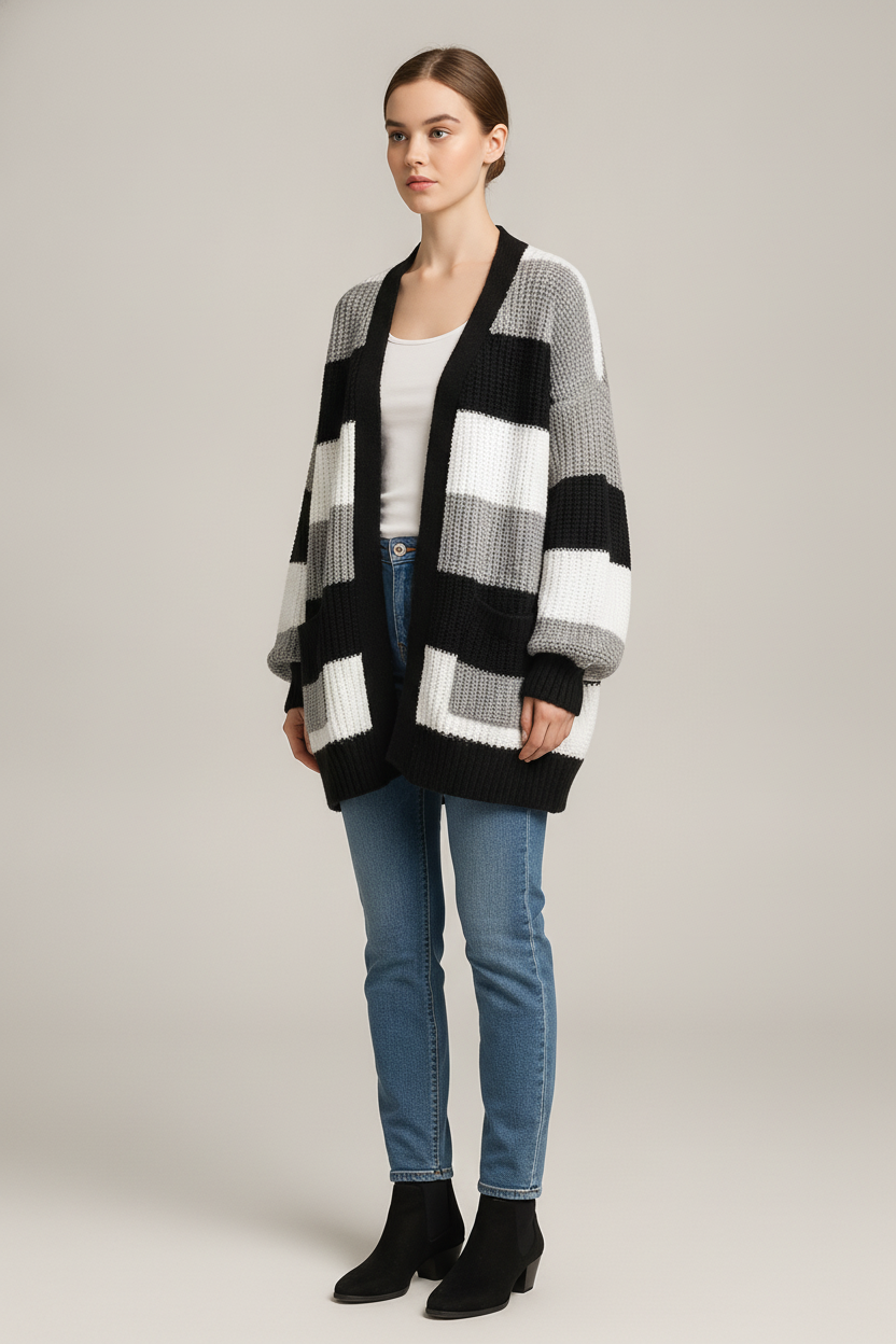 Gestreept Vest Dames – Oversized Gebreide Cardigan — Sefa – Zwart – vooraanzicht