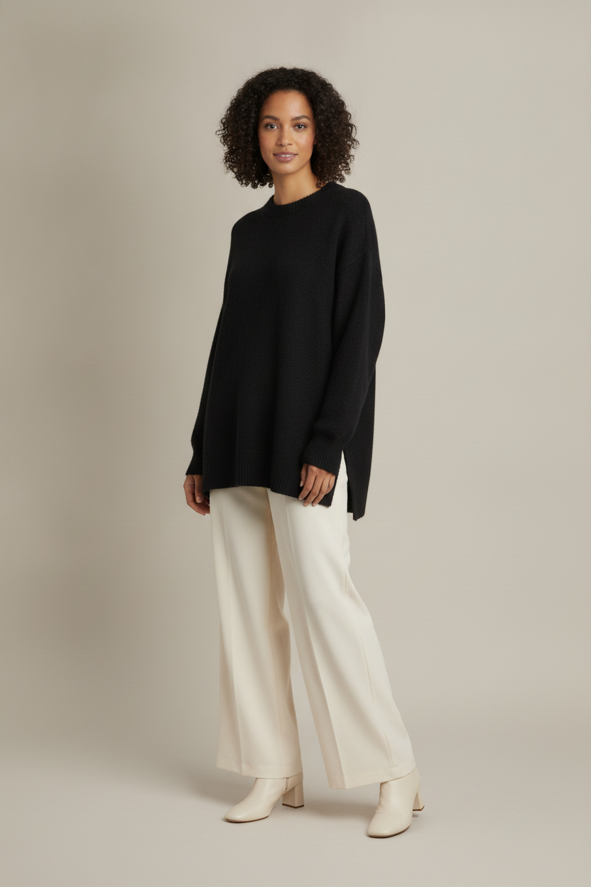 Oversized Trui Dames met Ronde Hals – Lange Trui met Split — Ginevra – Zwart – vooraanzicht