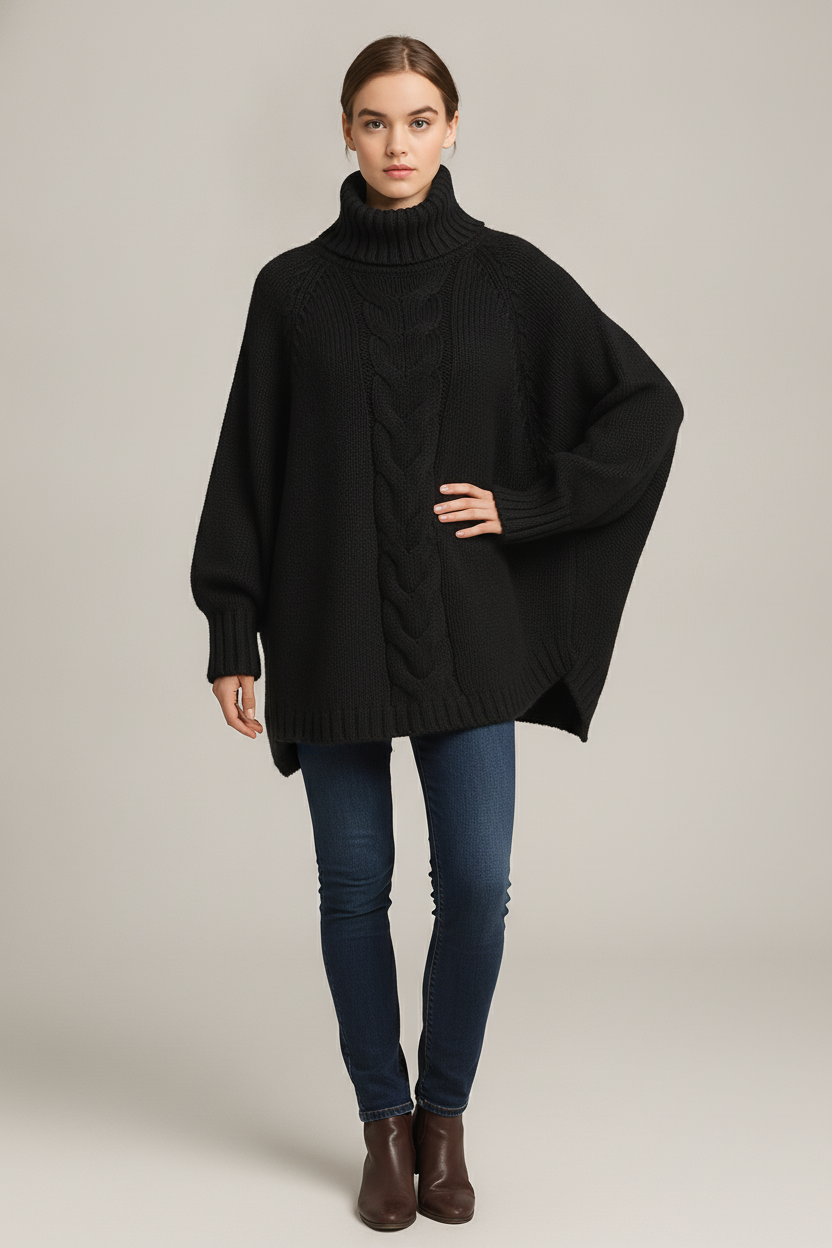 Kabeltrui Dames met Col – Oversized Poncho Trui — Ilka – Zwart – vooraanzicht